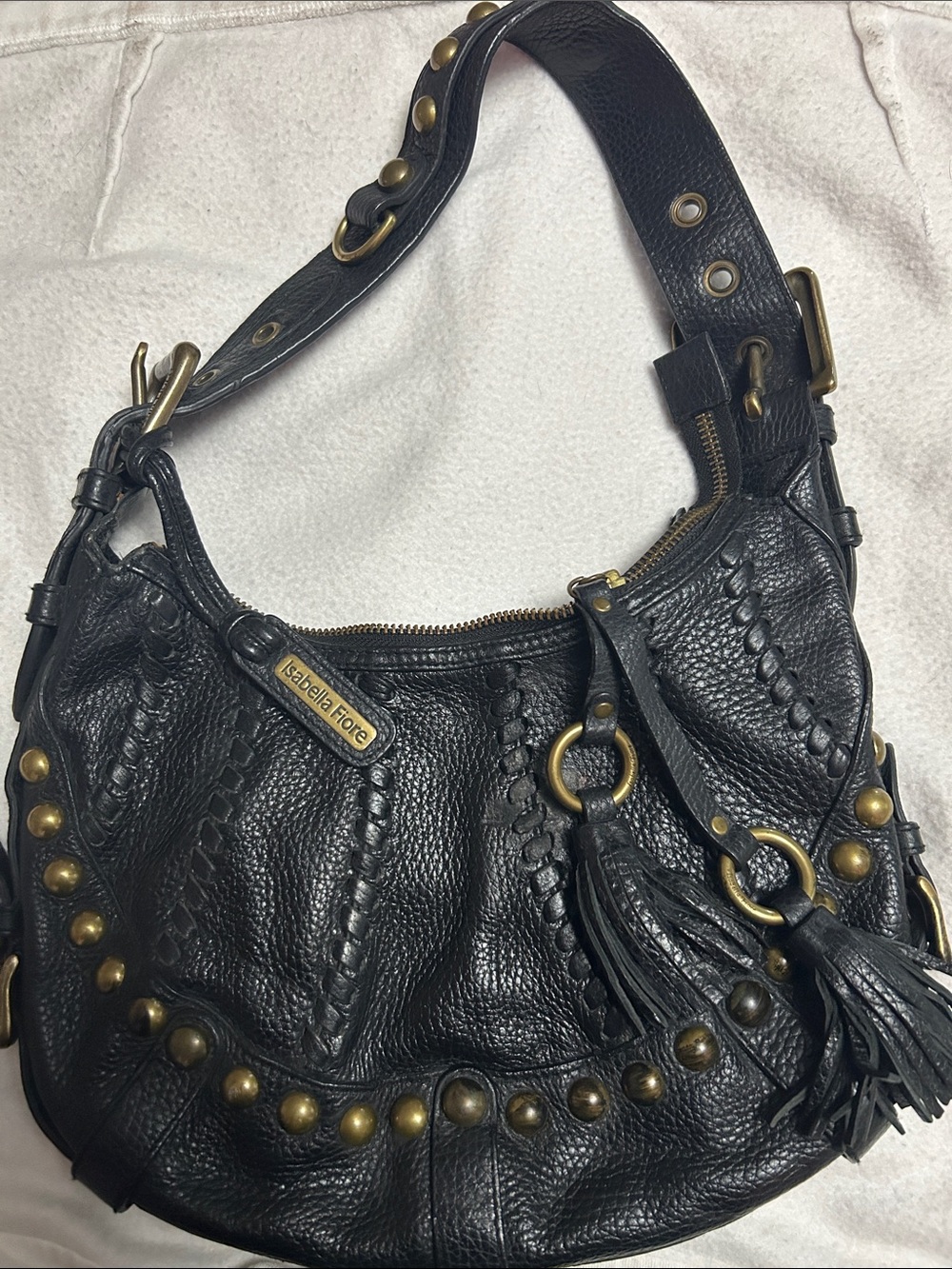 Isabella Fiore Black Leather Studded Hobo with Tassel Rings